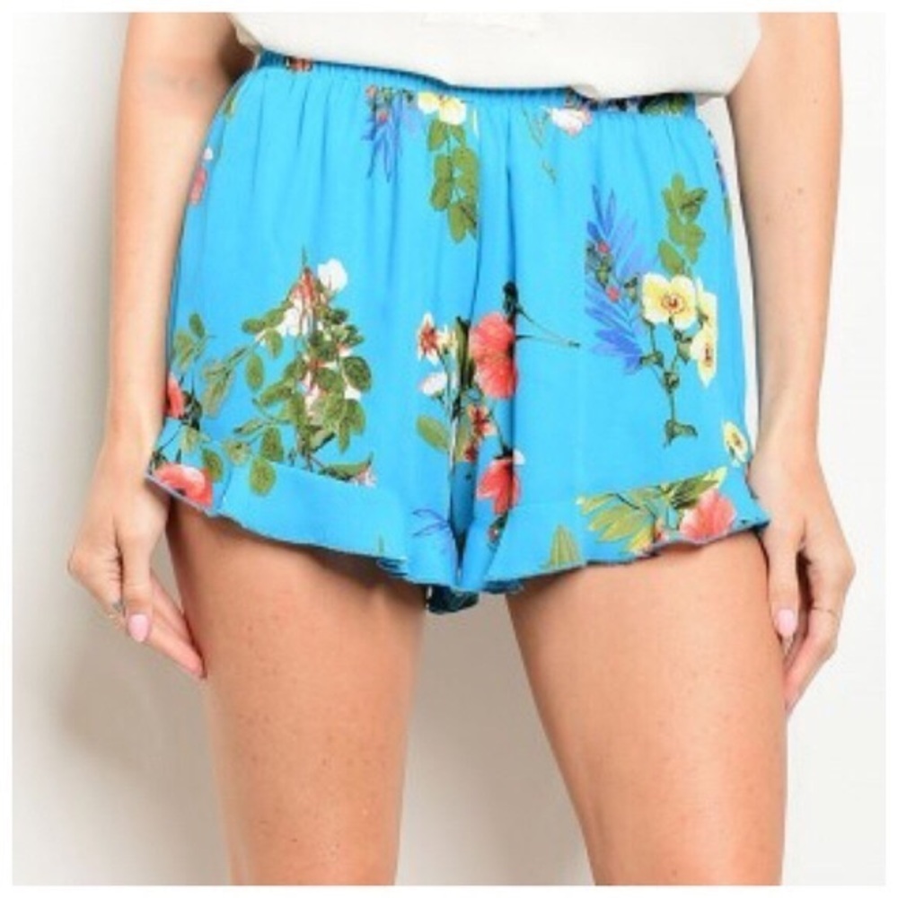 Blue floral ruffle shorts